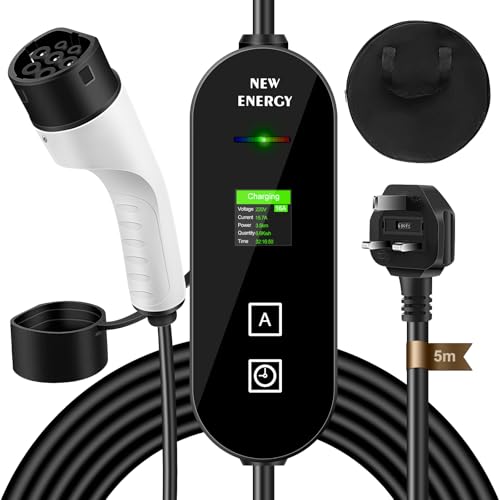 Vutlace EV Charger Cable Type 2 to UK 3 Pin Plug 5M 6/8/10/13/16A Portable Electric 3.6KW Car Charger with LED Display IP67 Waterproof Type 2 Charging Cable for EVs and PHEV