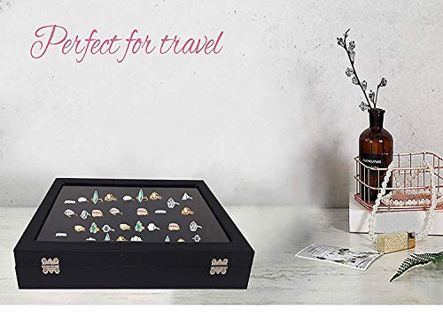 Image of BucketList Fabric Glass Jewelry Ring Display Box Tray Holder Storage Organizer - Display Storage Showcase - Fabric Glass Tray Holder Storage Box (Black)