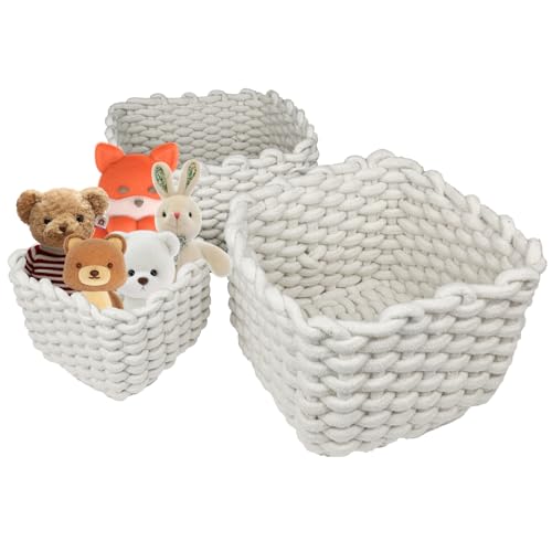 3er Set Wei&szlig; Baumwolle Seil Aufbewahrungskorb, AolKee wickelkommode organizer, wickeltisch organizer, korb aufbewahrung, Stoff Aufbewahrungsbox, Kleine K&ouml;rbe f&uuml;r Kinderzimmer, Wohnkultur
