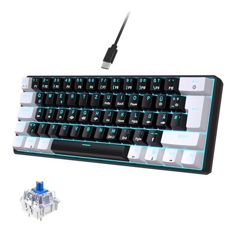 ELLOTECH Mechanische Gaming-Tastatur 60%, QWERTZ (DE Layout), 62 Tasten, Blaue Schalter, RGB/Blau LED-Beleuchtung, Kabelgebunden, Anti-Ghosting, Kompakt für Gaming – Schwarz/Weiß