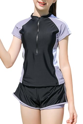 SEAUR Rash Guard Bathing Suit Kids Two Piece Swimsuit Short Sleeve Swimming Suit Swim Top and Shorts Swim Shirt Teen Girl Zip Up Swimwear 14-16T