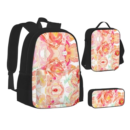 Peach Peony Print 3 Piece Set Backpack, Lunch Bag, Pencil Case, Cute Sturdy For College And Travel2
