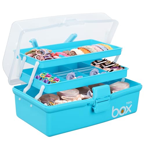 Yekolau 3 Layer Craft Storage Box Plastic Multipurpose Storage Box with Compartments Tool Box Arts and Crafts Organiser Box with Handle for Sewing Makeup Nail Hair Accessories (Blue)
