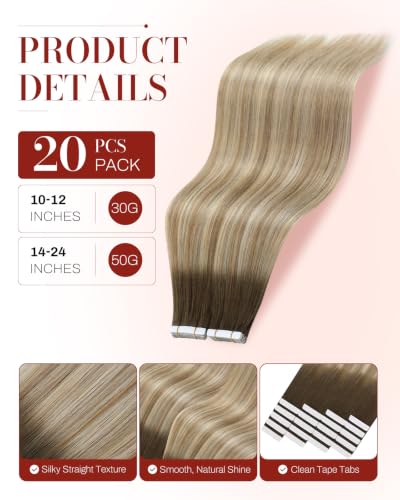 Image of Moresoo Tape in Extensions Human Hair Brown Blonde Ombre 22in 20Pcs 50g