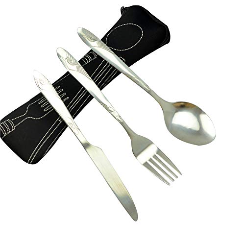 Kentop Juego de 3 Cubiertos Acero Inoxidable con Patrón de Pájaro Grulla Tallada para Caminando Camping Picnic