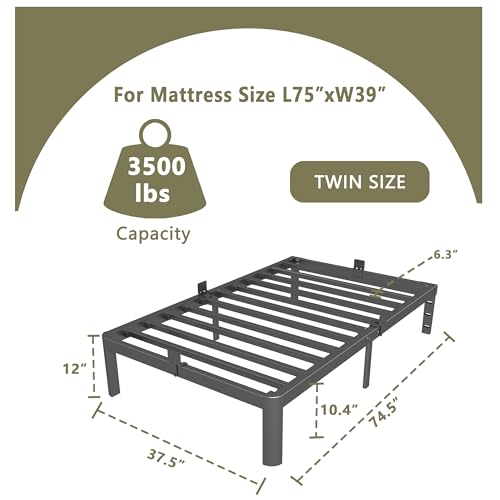 Image of ITIMIDI 12 Inch Twin Bed Frames, Twin Size Bed Frames, Safety Design with Rounded Corner Legs, DIY Headboard Hole, Heavy Duty Platform Support Up to 3500 lbs, No Box Spring Needed, Noise Free, Black