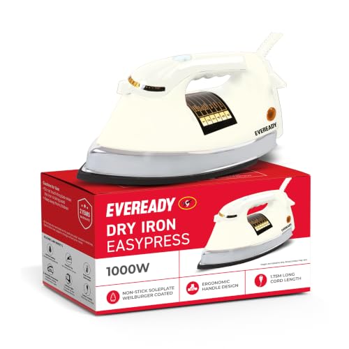 Image of Eveready EasyPress 1000W Heavy Weight Dry Iron with Non-Stick Soleplate, Adjustable Temperature Control, 360 Swivel Cord, Shock Proof Body for Smooth & Fast Ironing