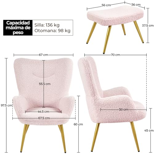 Miniatura 3 de Yaheetech Sillón Orejero Con Reposapiés Butaca De Salón Tapizada En Bouclé Sillón Lectura Con Otomana De Respaldo Alto Plegable Ergonómico Soporte 136kg Ideal Para Salón Dormitorio Oficina Rosa