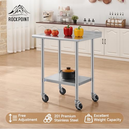 Image of ROCKPOINT All Stainless Steel Prep Table with Caster & Backsplash 24x30 Inch，Commercial Heavy Duty Workbench with Stainless Legs & Adjustable Undershelf,710 lb Capacity for Outdoor Kitchens with Wheel