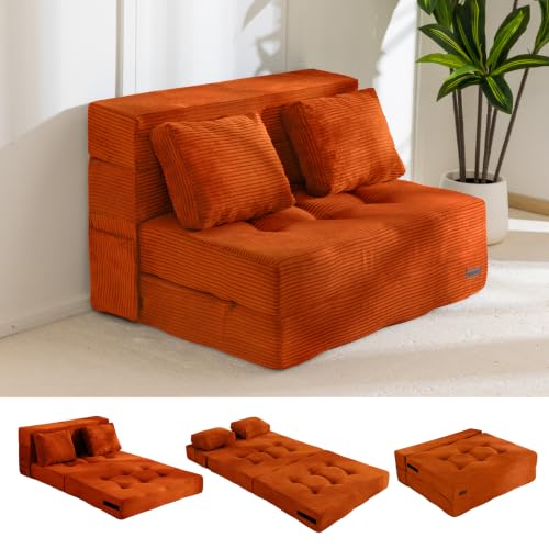 Image of MAXYOYO Convertible Sofa Bed, Fold Out Sofa Couch with Pillow for Adults | Loveseat Sofa 4 in 1 Tufted Folding Couch Bed Foam Floor Couch, Lazy Chair for Living Room Bedroom Guest Room, Orange