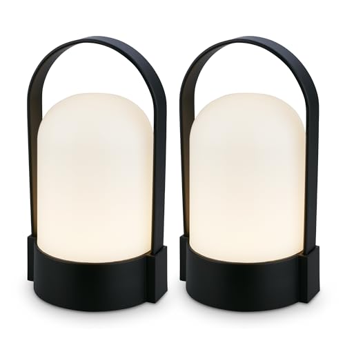 Briloner Lote de 2 candeeiros de mesa LED sem fios IP44, tátil ajustável, bateria substituível, recarga USB-C, candeeiro de noite, luz de campismo, design portátil, 9 x 8 x 15,5 cm, preto