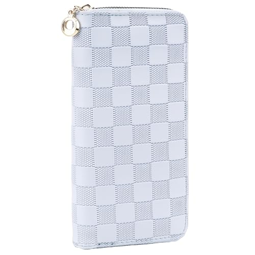 Checkered Zip-Around Wallet for Women, Faux Leather Credit Card and Cash Holder, Long Clutch Phone Purse, Light Blue