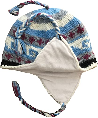 Nepal Hand Knit Sherpa Hat with Ear Flaps, Trapper Ski Heavy Wool Fleeced Lined Cap (Multicolor Waves) - Thumbnail 3