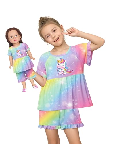 Image of LQSZ Matching Girls & Doll Pajamas Set for Toddler Girls Short Sleeves Cute Outfit Sleepwear