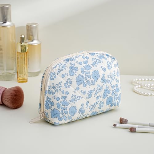 Dome Cosmetic Makeup Bag Small Cotton Quilted Makeup Pouch for Purse Cute Floral Travel Toiletry Zipper Pouch (Blue Floral)2