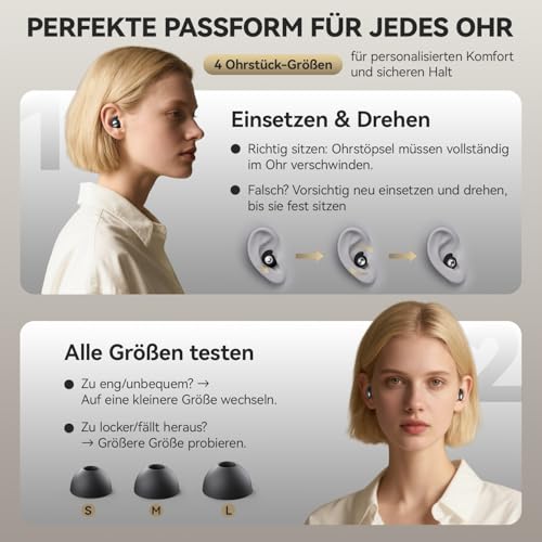 Ohrstöpsel zum Schlafen 45dB – Ultrabequeme, wiederverwendbare Silikon Ohrstöpsel mit geräuschunterdrückende & Gehörschutz | Für Konzentration, Reisen (Schwarz, 4 Größen (1 Set))