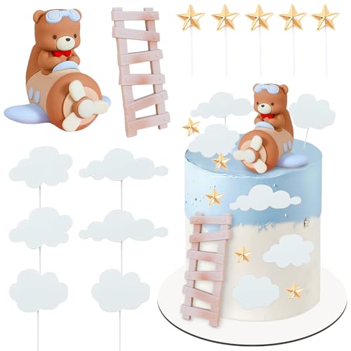 Decoracion Tartas Oso Cumpleaños 13 Piezas Topper Tartas de Aviones Estrellas y Nubes Fiesta de Temática de Aviones, Fiesta Temática de Viajes de Aventura, Fiestas de Bautizo Niños, Baby Shower (A)