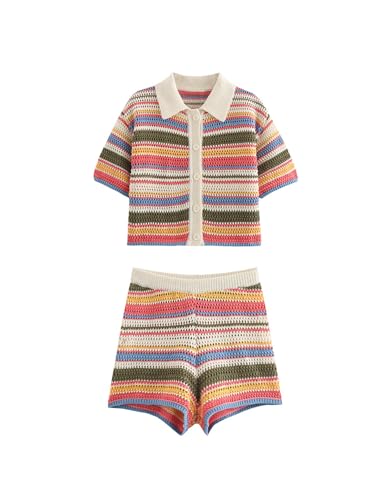Chevara Women’s Crochet Short Sets Stripe Button Down Cardigan with Shorts 2 Piece Knit Outfits