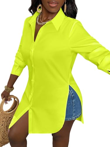 Image of LYANER Women's Collar Neck Long Sleeve Button Down Shirts Sexy Split Hem Tops Long Blouse Shirt Dress