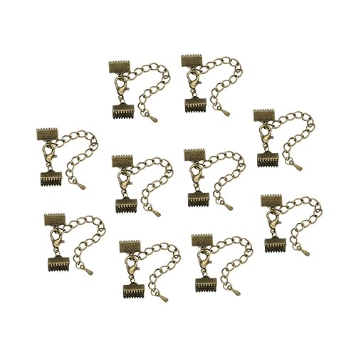 ERINGOGO 10mm Plated Ribbon Ends Clasps Textured Crimp End Clamps Elastic Cord Crimp for Jewelry Making DIY Charm Buckle 5cm Chain and 12mm Lobster Buckle