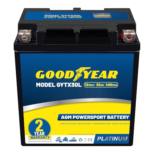 Goodyear GYTX30L - 12 Volt 32 AH 400 CCA Rechargeable High-Performance Maintenance Free SLA - AGM Battery for Motorcycle ATV UTV Scooter Snowmobile Motorbike and more!