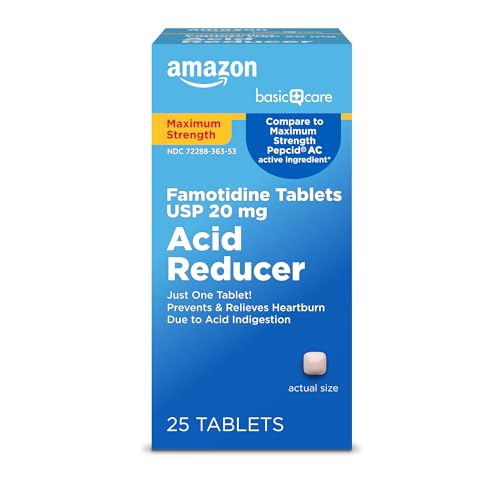 Image of Amazon Basic Care Maximum Strength Famotidine Tablets 20 mg, Acid Reducer for Heartburn Relief, Heartburn Medicine, Acid Indigestion, Sour Stomach, 25 Count (Packaging may vary)