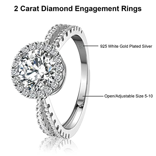 ATESSON S925 Platinum Plated Sterling Silver Engagement Rings,2ct Cut Diamond Ring for Women,4 Prong Moissanite Anniversary Promise Ring,Size Adjustable2