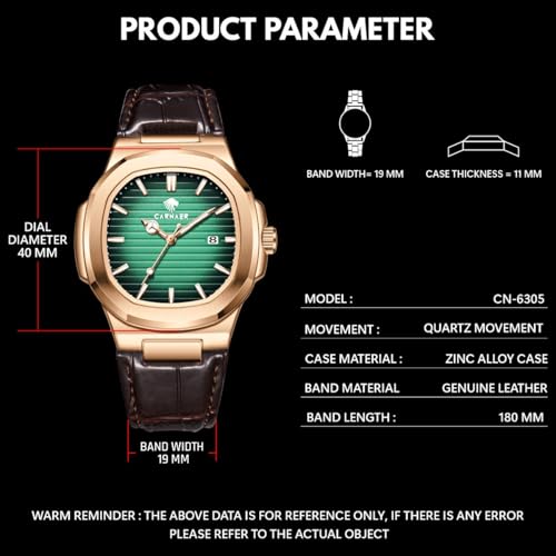 Image of Men Octagonal Rose Gold Luxury Watch for Boy Black Striped Dial, Date Display, Luminous Markers, 30M Waterproof, Leather Strap, Quartz Movement