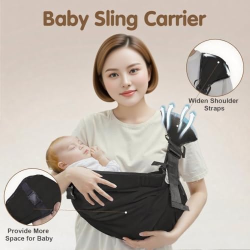 Image of Baby Sling Carrier,Baby Sling with Waist Harnes(Black) | Adjustable Shoulder Straps,Portable,Lightweight,Non-Slip Hip Seat,Easy to Use,Safety Buckle,Comfortable,Great for Travel