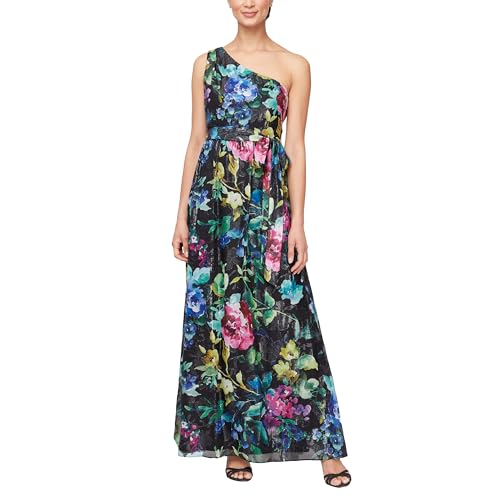 Image of S.L. Fashions Women's Printed One Shoulder Long Maxi Dress with Tie Waist (Petite and Regular Sizes)