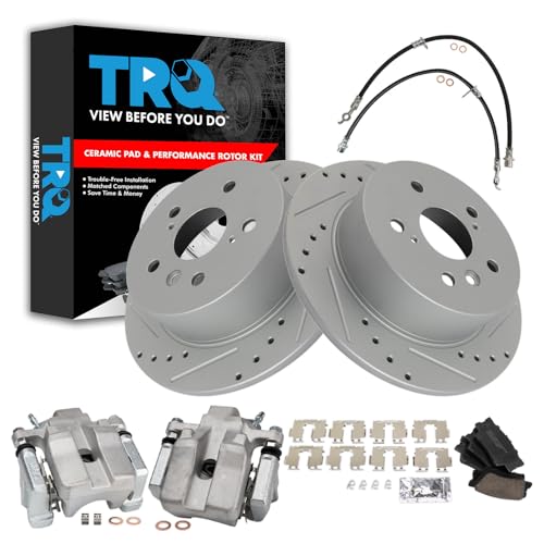 Image of TRQ Performance Rear Brake Pad and Rotor Set Ceramic Slotted Drilled Coated Rotors Calipers Compatible with 2007-2012 Lexus ES350 2008-2012 Toyota Avalon 2007-2011 Camry