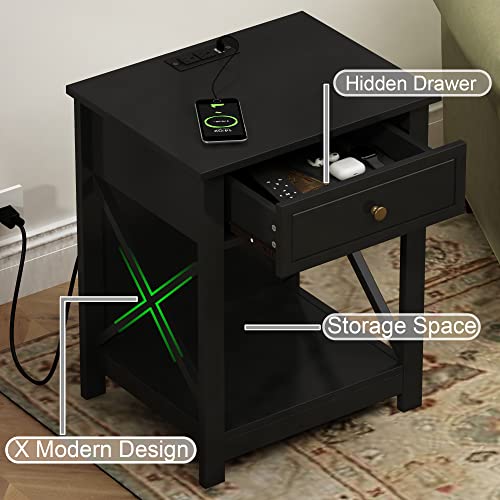 Treocho Black Nightstand With Charging Station, X-Design End Side Table With 2 Ac And Usb Power Outlets, Small Night Stand With Storage Drawer And Open Shelf For Bedroom #TOP6