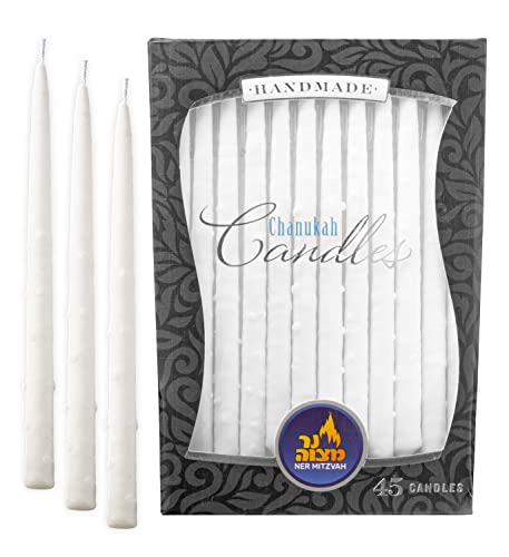 Ner Mitzvah Dripless Chanukah Candles Standard Size Textured White Hanukkah Candles Fits Most Menorahs Premium Quality Wax for All 8 Nights of Hanukkah - Count 45