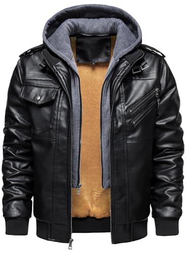 Image of HOOD CREW Men's Casual Stand Collar PU Faux Leather Zip-Up Motorcycle Bomber Jacket With a Removable Hood