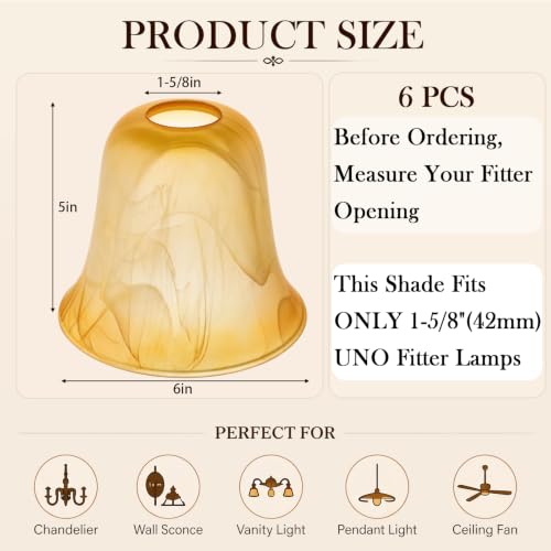 Image of Teenyyou 6 Pcs Amber Marble Bell Shaped Glass Lamp Shade Replacement | Globe Ceiling Fan Light Cover with 1-5 /8'' (42mm) Fitter for Chandelier Wall Sconce Pendant Light Bathroom Vanity Fixture