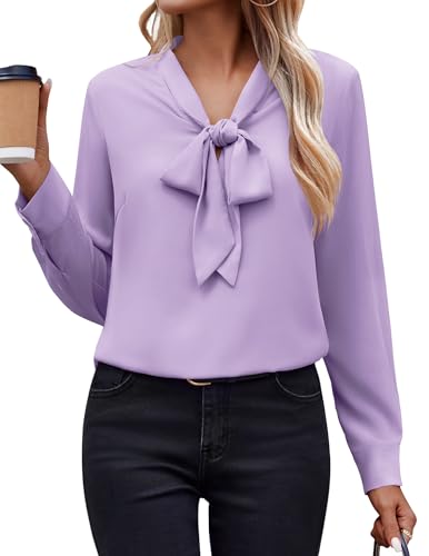 Zeagoo Fall Clothes for Women 2025 Bow Tie Blouse Long Sleeve Tops Fall Business Work Shirts Lilac