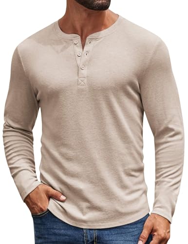 COOFANDY Casual T-Shirts for Men Long Sleeve Henley Shirt Fashion Thermal Basic Tee Khaki