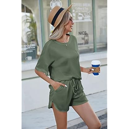Andeip Pajamas Womens Waffle Knit Lounge Set Short Sleeve Top and Shorts 2 Piece Loungewear Outfits Pj Sets with Pockets - Image 5