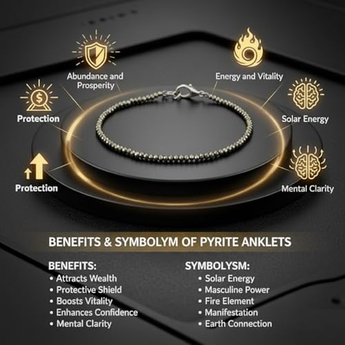 Image of JD FRESH Natural Pyrite Stone Anklet for Women /Raw Pyrite Bracelet /Silver Anklet /Black Metal Anklets /Natural Stone Jewellery for Wealth, Luck & Protection /Best Gift Item