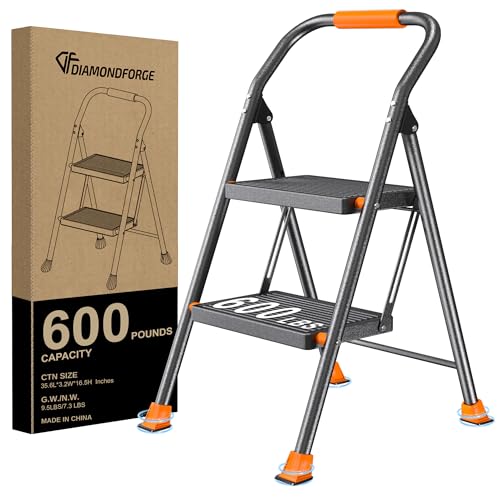 Step Ladder Foldable Folding Stool - for Home Adults Kitchen 2 Stepping Extension Tall Heavy Duty with Handrails - Closet Stepstool Stair Ladders Extendable Stepladder for Indoor House 600Lbs by DIAMONDFORGE - Used condition - US$38.12