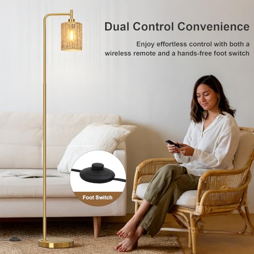 Image of Oneach 66 inch Gold Floor Lamp for Living Room, Boho Floor Lamp with Remote Control and LED Bulb, Rattan Shade, Industrial Tall Farmhouse Standing Lamp for Bedroom, Dining Room, Study Room, Office