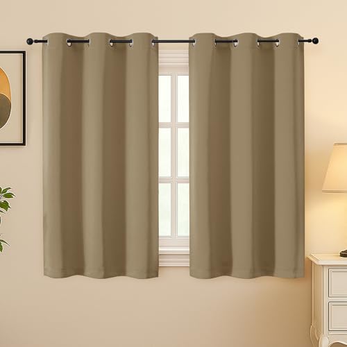 Image of Simplebrand Taupe Room Darkening Curtains for Bedroom 45 Inches Long 2 Panels Set, Sunlight Blocking Curtains for Small Windows, Grommet Energy Saving Thermal Insulated Short Drapes, 40Wx45L