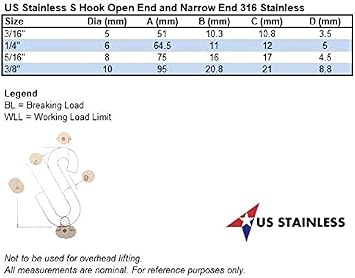 US Stainless Stainless Steel 316 S Hook Open End and Narrow End 5/16 Marine Grade Cunningham
