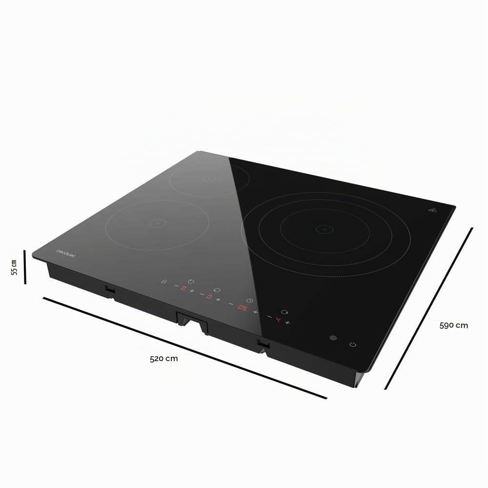 Cecotec Placa Vitrocerámica 3 Fuegos Bolero Squad V 3000. Potencia 6200 W, 9 Niveles de Potencia, Control Táctil, Detector de Sartenes hasta 295 mm, Temporizador, Kidlock