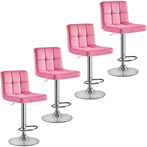 Yaheetech X-Large Velvet Bar Stools Adjustable Counter Height Swivel Stool Armless Chairs Set of 4 with Bigger Base, Velvet, Pink