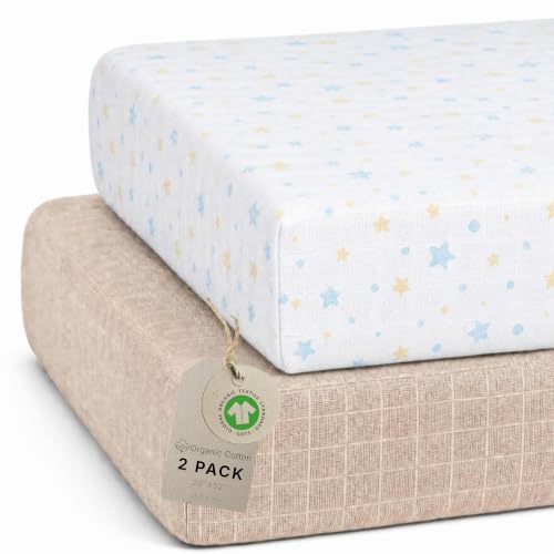 Salt Earth 100% Organic Cotton Muslin Standard Fitted Crib Sheet for Boys, Girls & Toddlers – 52"x28", 2 Pack Soft Breathable Natural Cotton Mattress Bed Sheets, Neutral Crib Sheet (Beige & Blue Star)