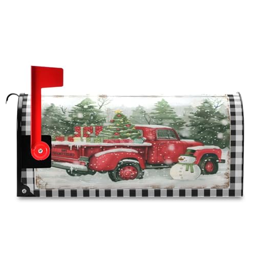 Image of Merry Christmas Truck Tree Magnetic Mailbox Cover Large Size Winter Snowman Buffalo Plaid Mailbox Covers Standard Size Garden Yard Post Wraps Mail Box Cover Outdoor Decorations 25 inch L x 21 inch W