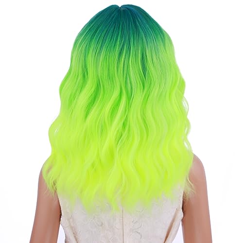 Image of PATTNIUM Neon Green Wig for Kids Child Short Curly Wavy Wig with Bangs Ombre Green Wigs Girls Lime Green Synthetic Wigs for Cosplay Costume Party