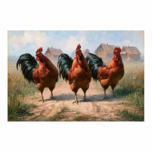 Toile animaux coqs de grange vintage multicolore 70x100cm pour relooker votre salon