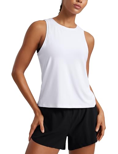 CRZ YOGA Cloudweight Crew Neck Workout Tanks Lightweight Athletic Gym Tops for Women Soft Basic Running Sleeveless Shirts White Medium